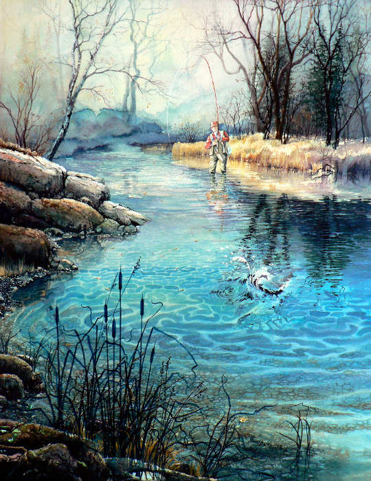 painting of fisherman in spring stream