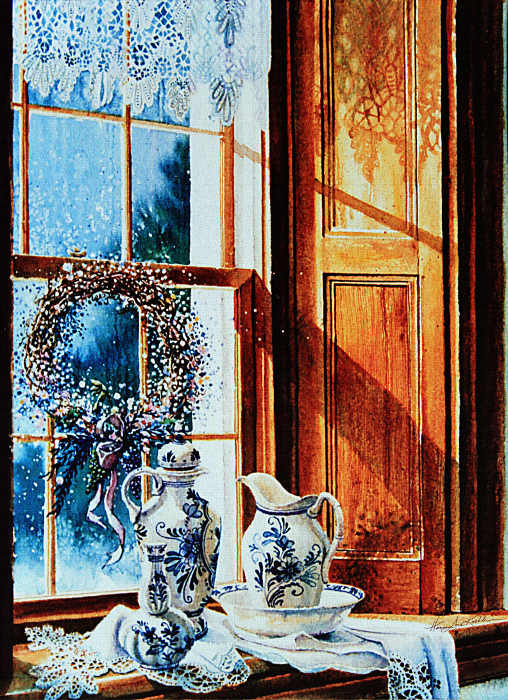 still life painting of porcelain and lace in window