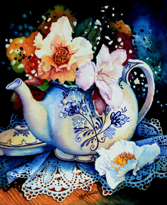 flowers in a tea pot still life painting