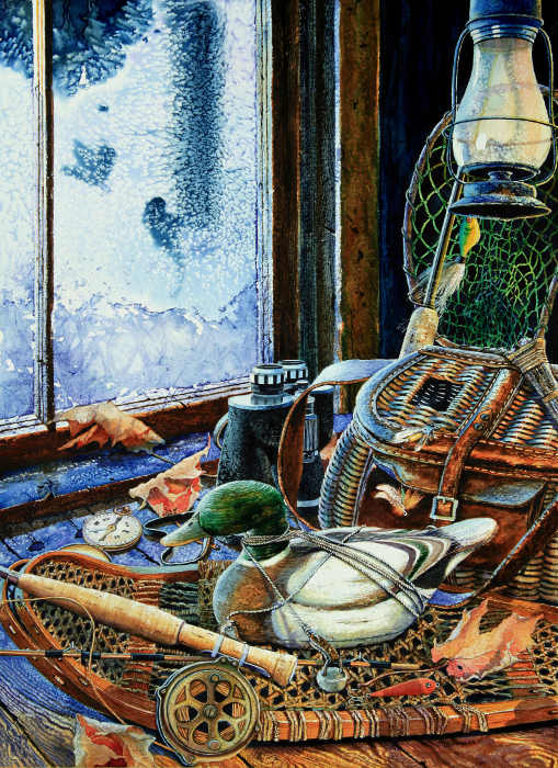 still life painting of duck decoy and fishing gear