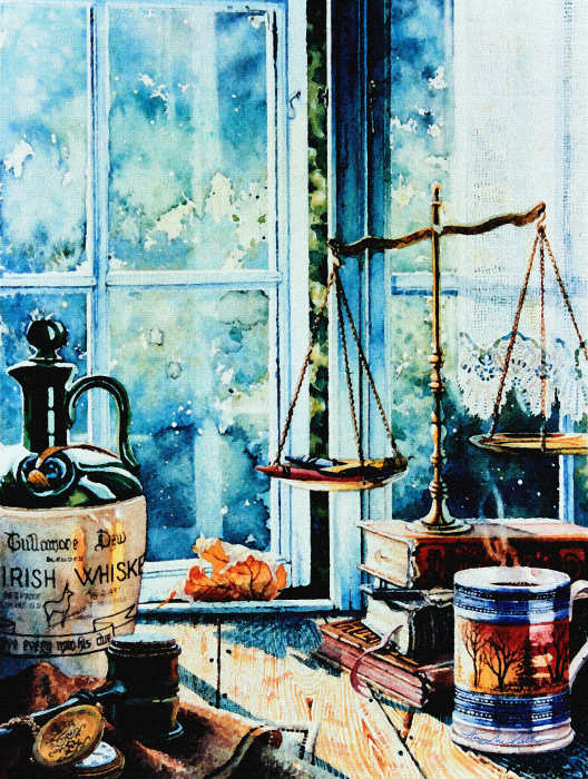 still life painting of scales of justice in window