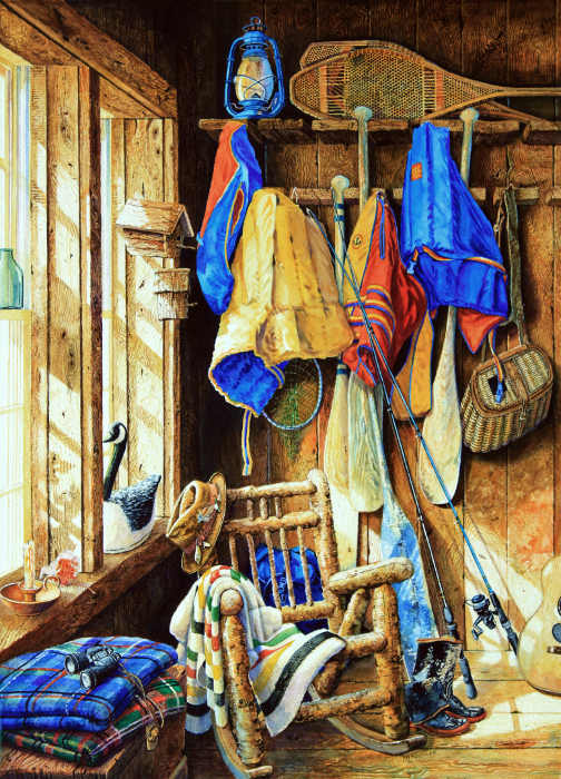 still life painting of life jackets and canoe paddles