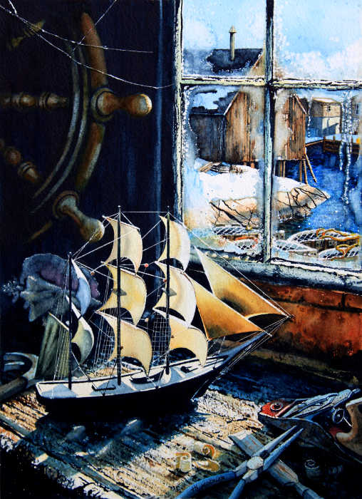 still life painting of model ship on work bench