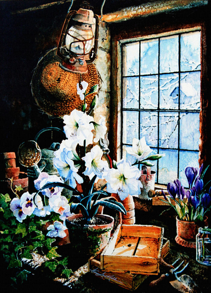 still life painting of potting shed flowers