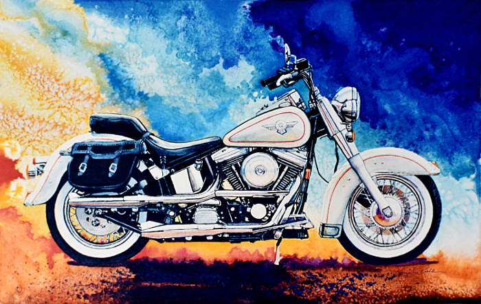 still life painting of Harley-Davidson motorcycle