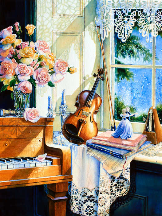 still life painting of piano in a sunny window