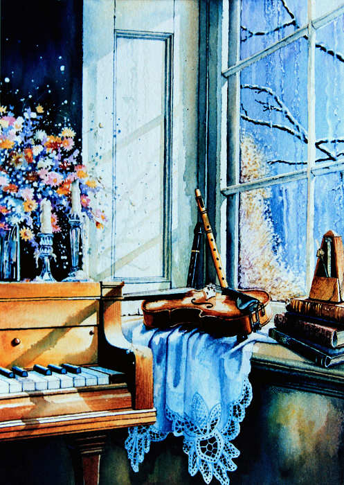 still life painting of piano and violin
