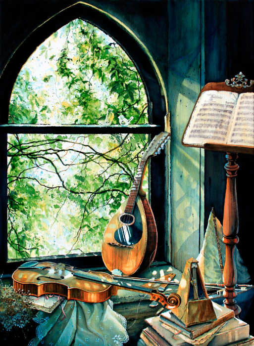 still life painting of violin and mandolin