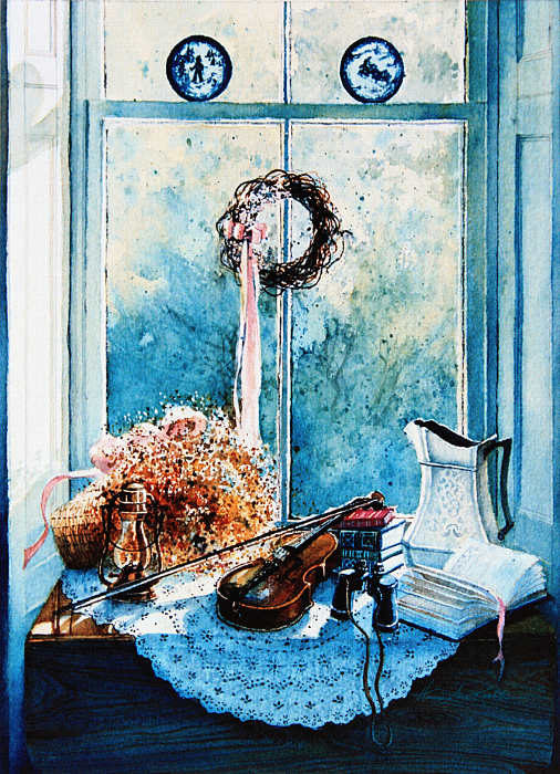 still life painting of violin on window sill