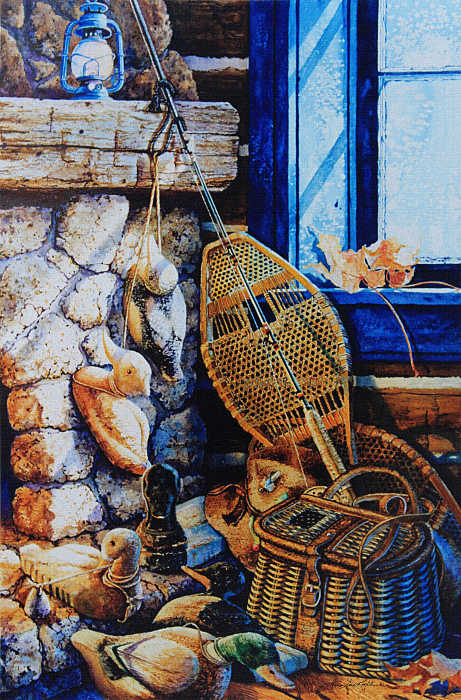 still life painting of snowshoes duck decoy by fireplace
