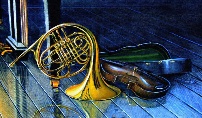 still life painting of piano trumpet and violin