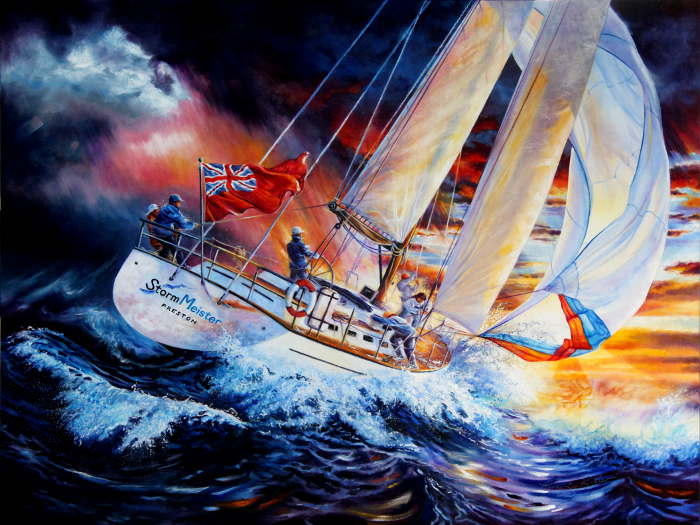 painting of sailing yacht in rough seas