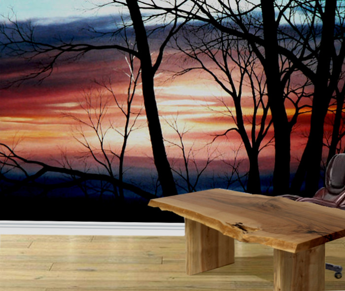 landscape wall mural of tree silhouettes