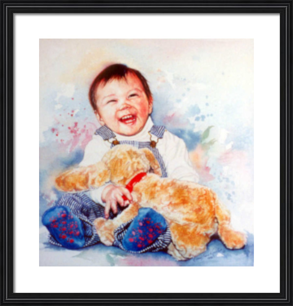 watercolor portrait of baby holding plush toy dog