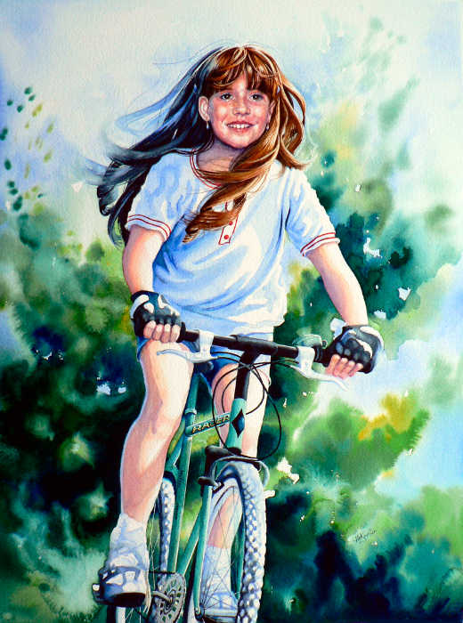 painting of girl on bike