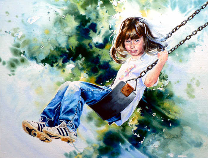 portrait painting of girl on a swing