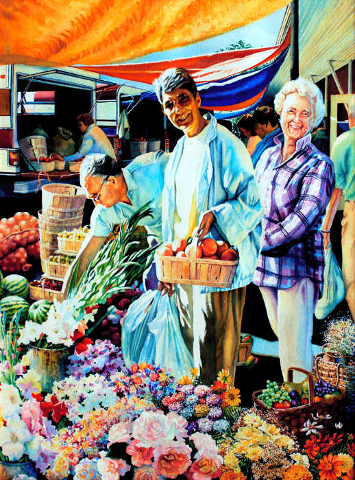 portrait painting of friend at an outdoor farmers market