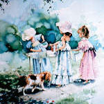 painting of girls playing dress-up selling lemonade