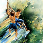 painting of boys jumping into lake