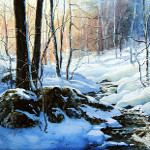 winter creek in woods painting
