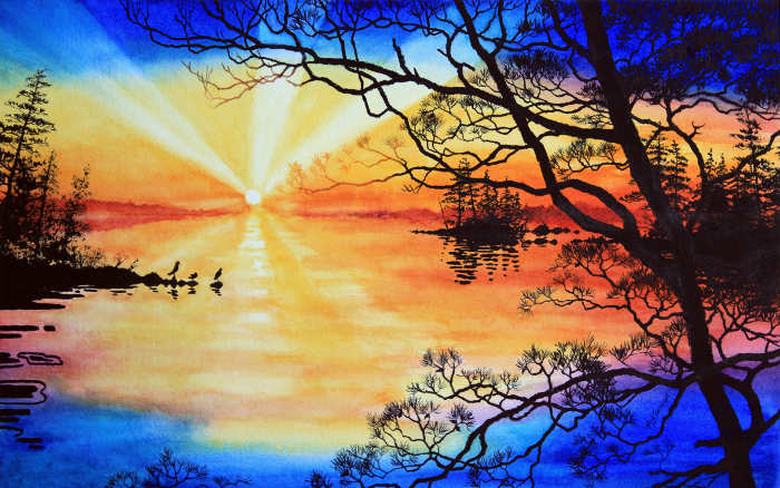 sunset lake landscape painting