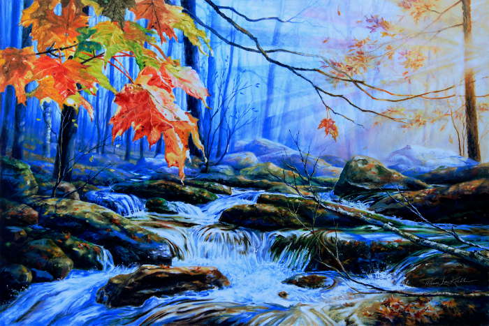 autumn woods sunrise painting