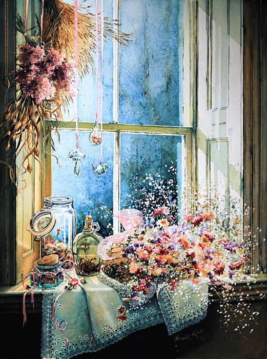still life painting of objects on window sill
