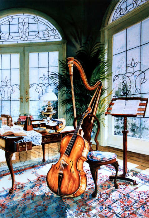 still life painting of cello and harp