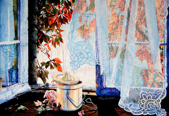 still life painting of objects on window sill