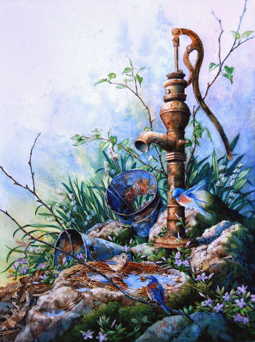 painting of garden water pump and bluebirds