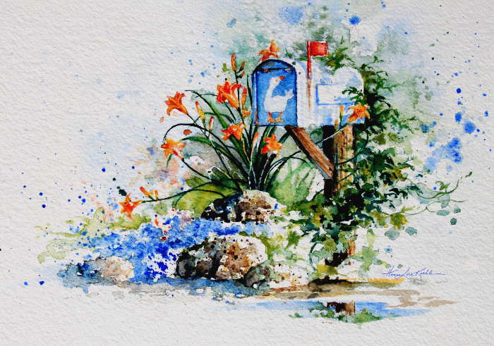 painting of country mailbox and flowers