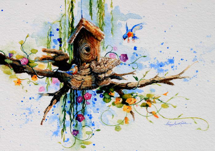painting of bluebirds on bird house