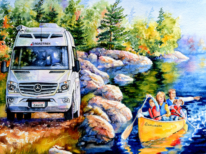 RV Camper Van Motorhome Canoeing Vacation Painting