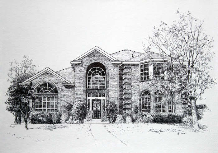 Texas house portrait ink drawing