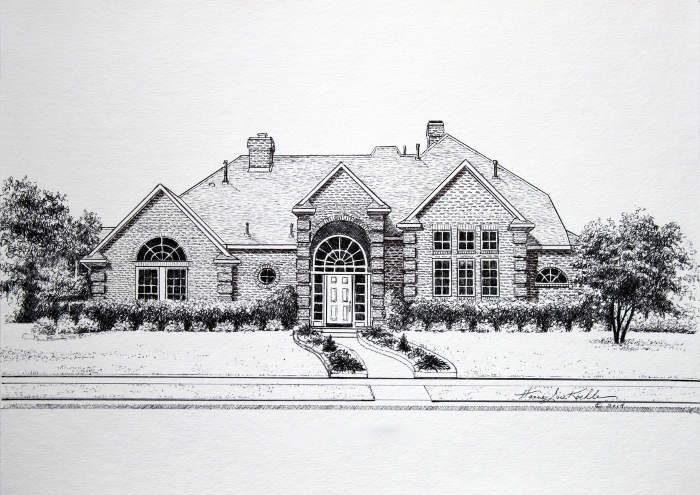 Texas home portrait ink drawing