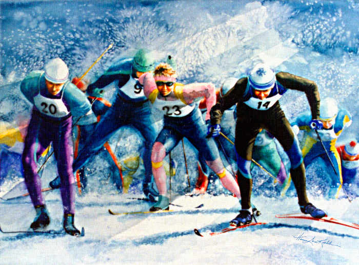 ice climbing painting, extreme sports art