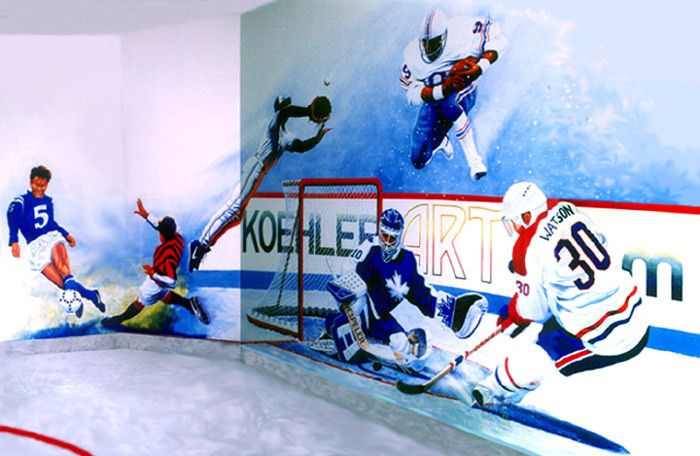 sports art wall mural of hockey baseball soccer football