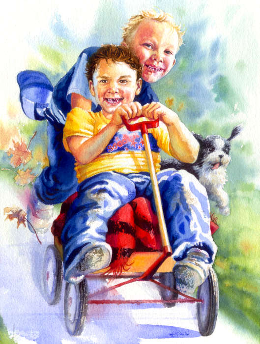 painting of boys playing with wagon
