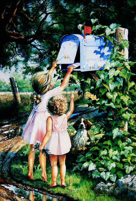 painting of children mailing letter in country mailbox