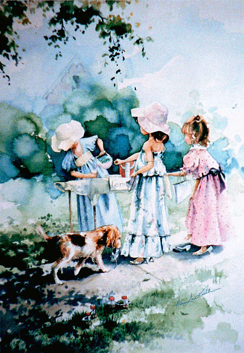 painting of girls playing dressup at roadside lemonade stand