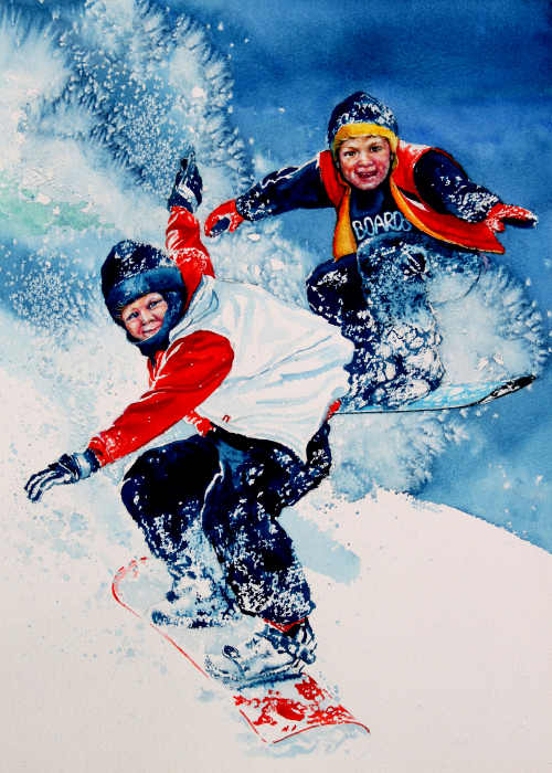 painting of boys snowboarding