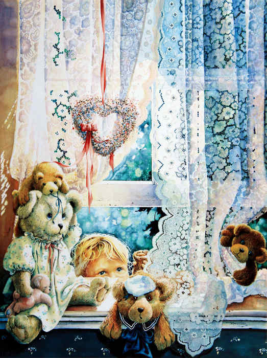 painting of child playing with teddy bears