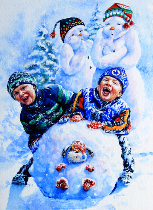 children playing in snow building a snowman