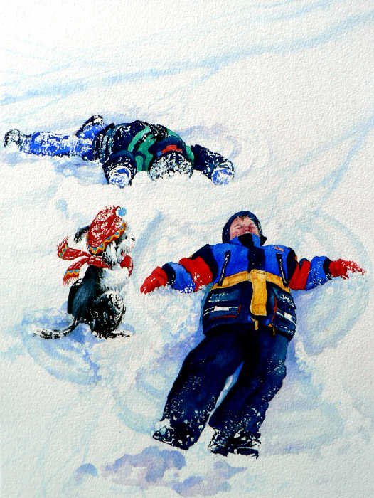 painting of children playing in snow making snow angels