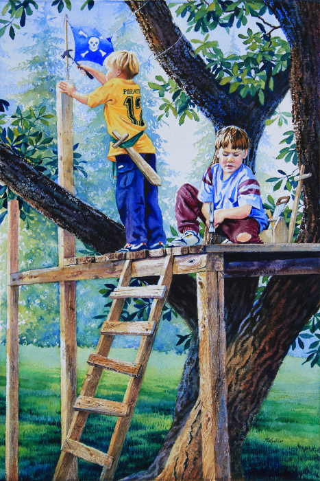 painting of children playing in a treehouse