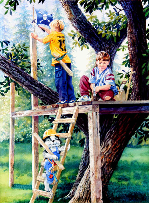 painting of children playing in treehouse