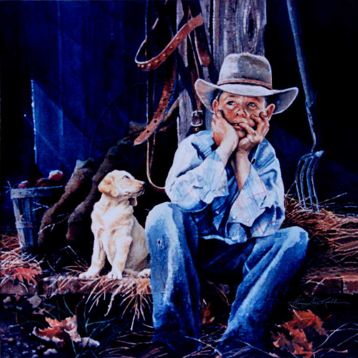 painting of boy with puppy in barn