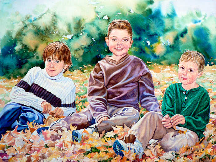 painting of boys in autumn leaves