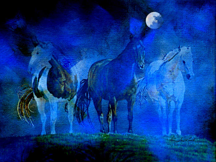 painting of three horses in the fog