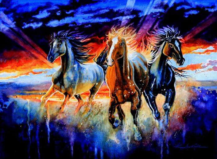 painting of three running horses
